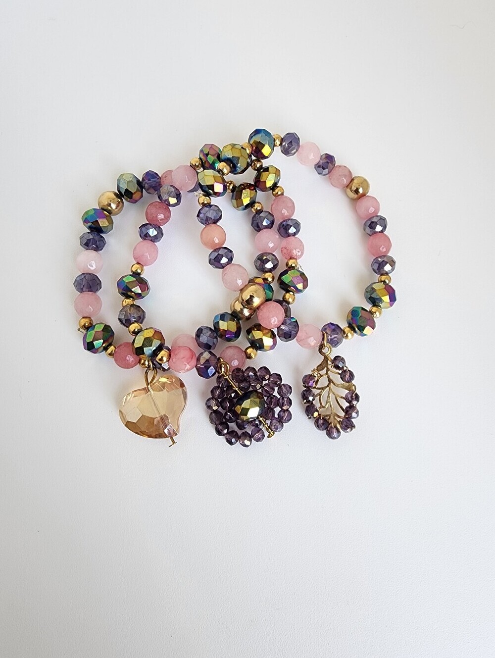 Crystal Charm Bracelet Set Stackable Beaded Stretch Bracelets Boho 7"